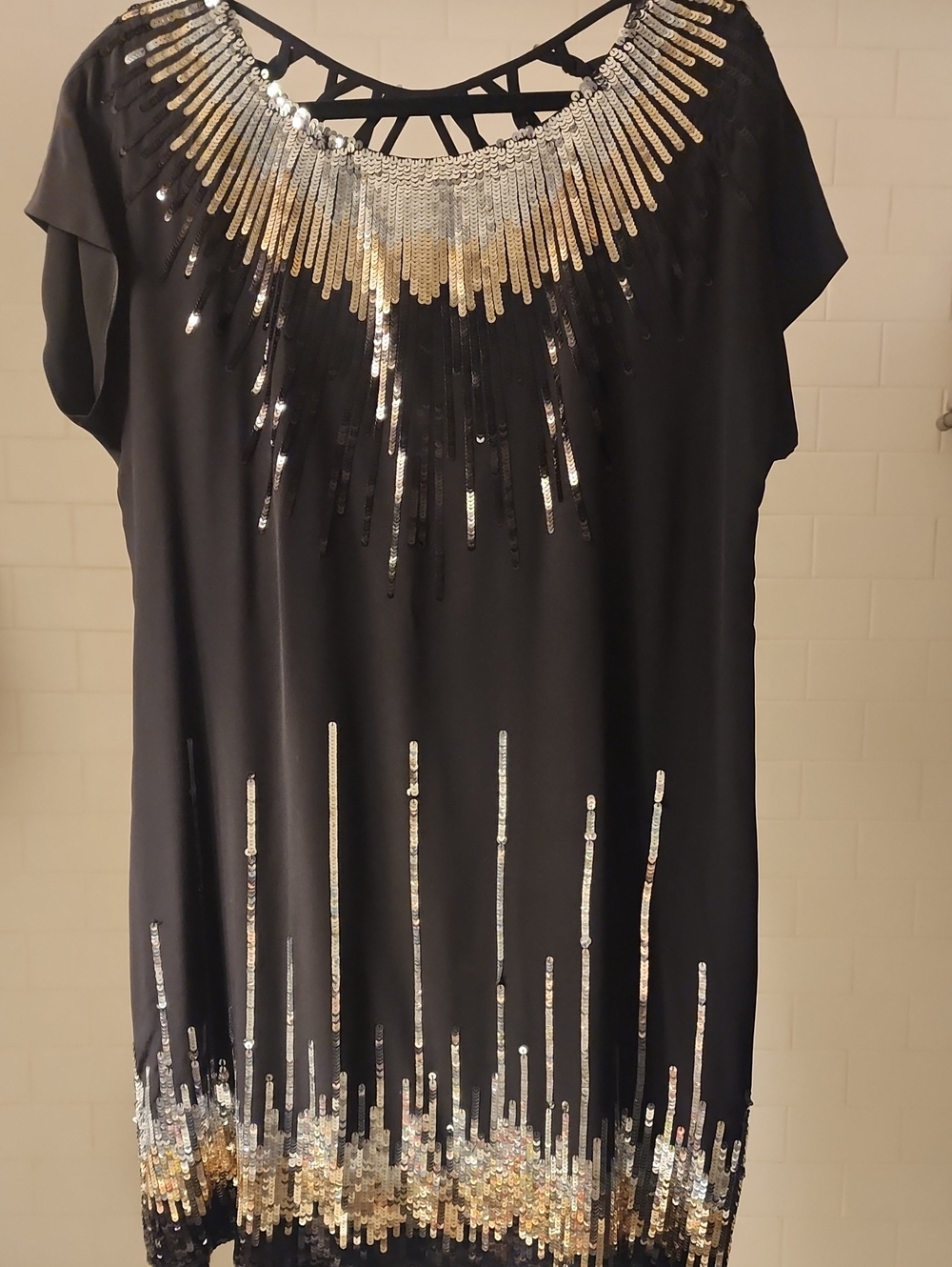 BCBGMaxAzria Black Mini Shift Dress with Gold and Silver Sequins Sz L